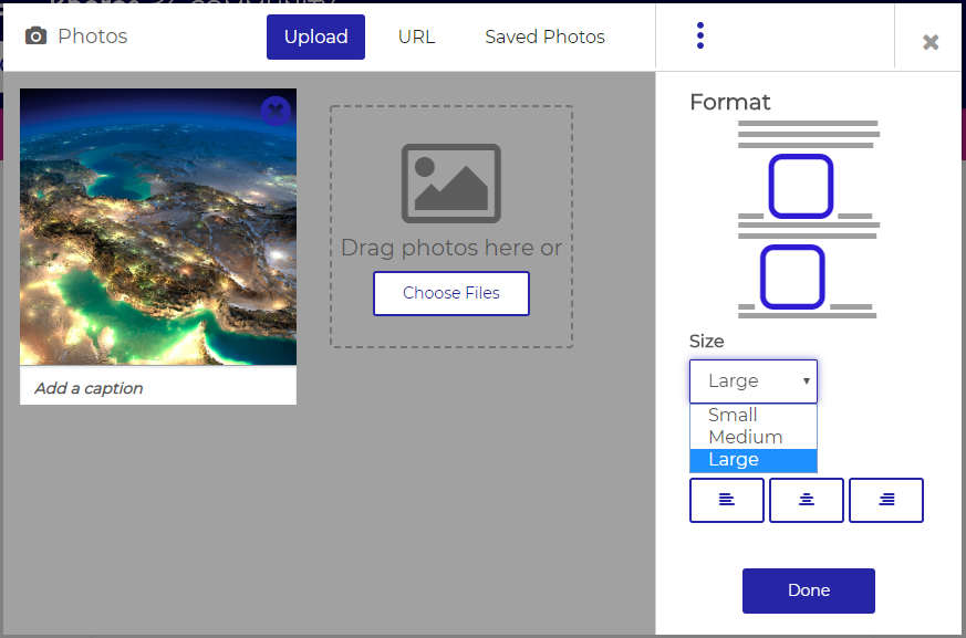 Screenshot of image sizes available from editor's photo uploader