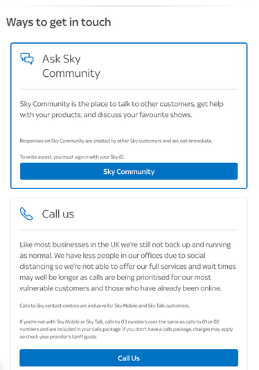 Contact the community options on the Sky.com website