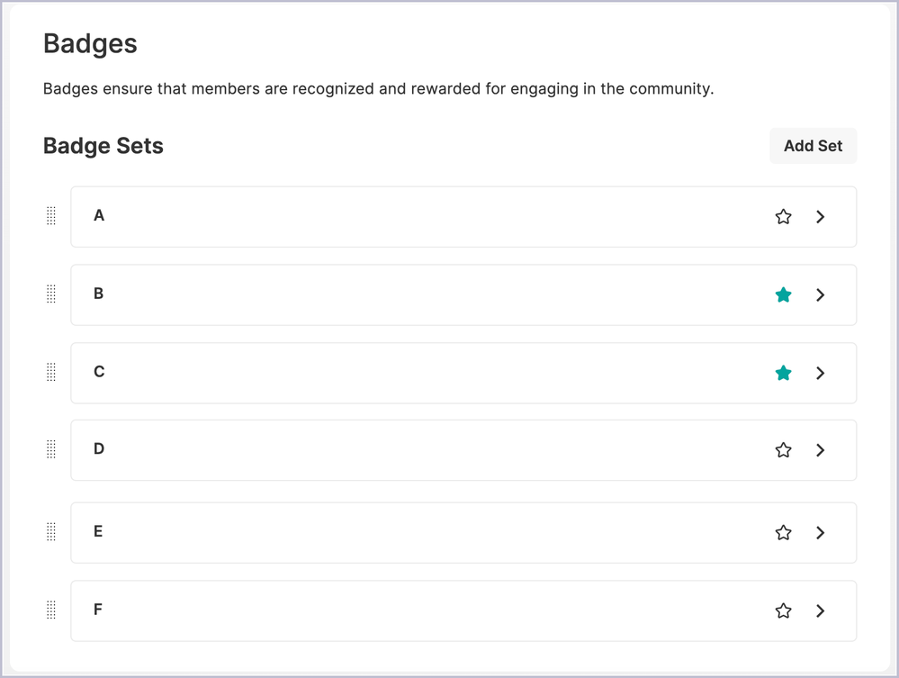 On the Badge Settings page, all badges are shown in a list where you can drag and drop to change the order and star to feature. Badge sets B & C are featured.