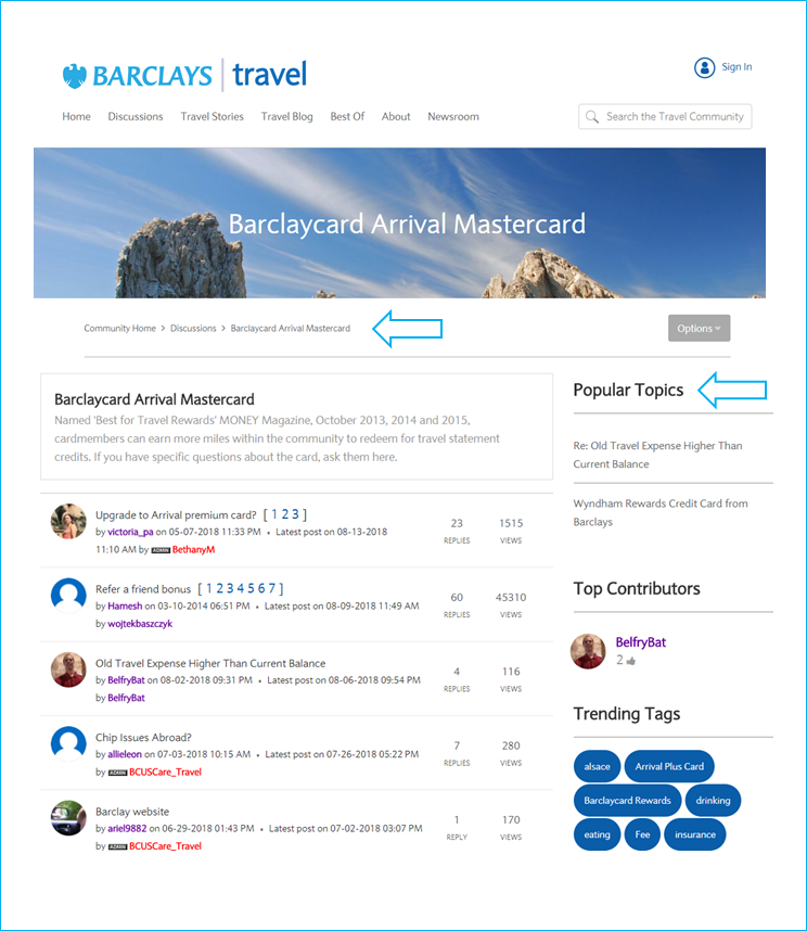 Barclays Travel Community Product Discussion Board page